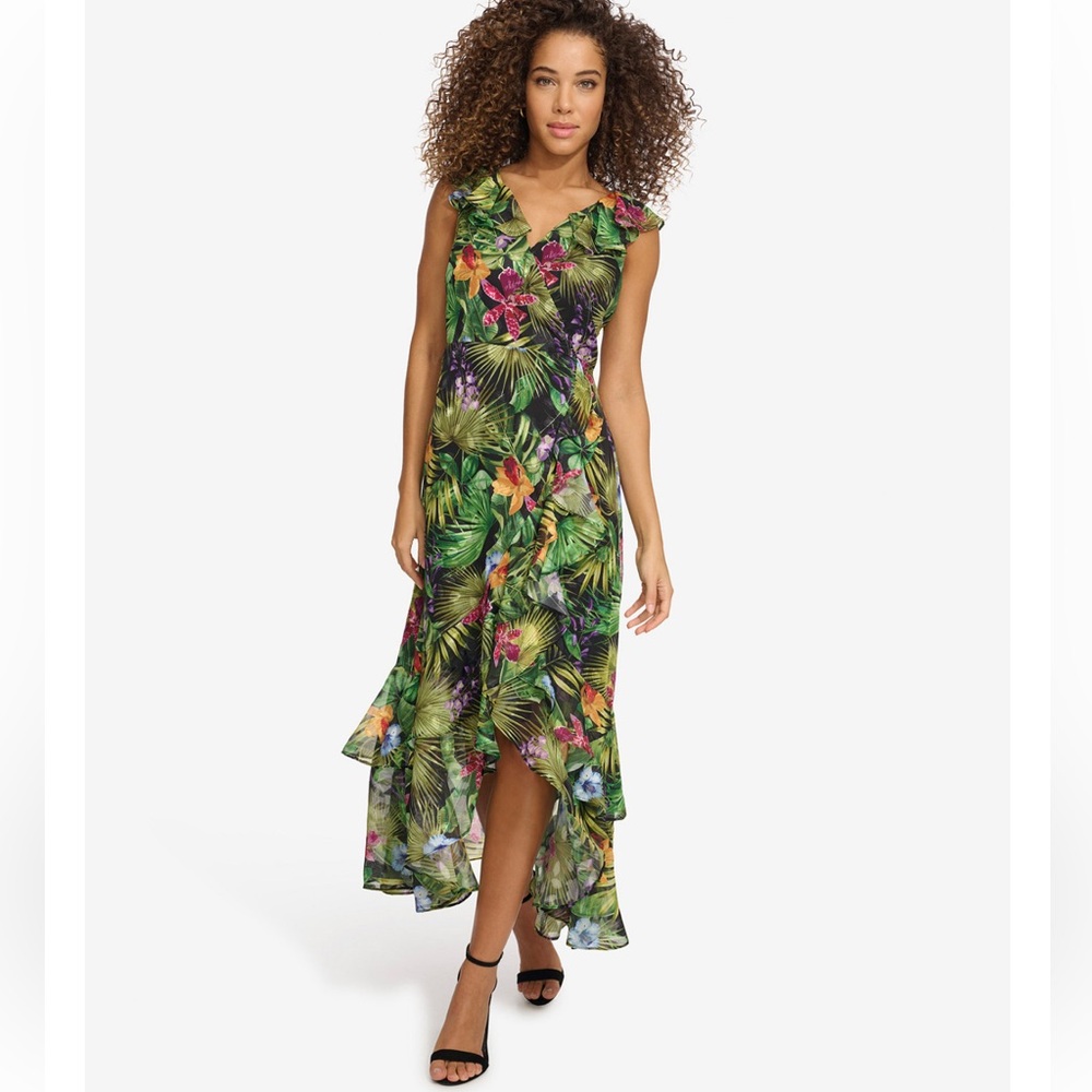 Floral Print Chiffon Ruffled Maxi Dress